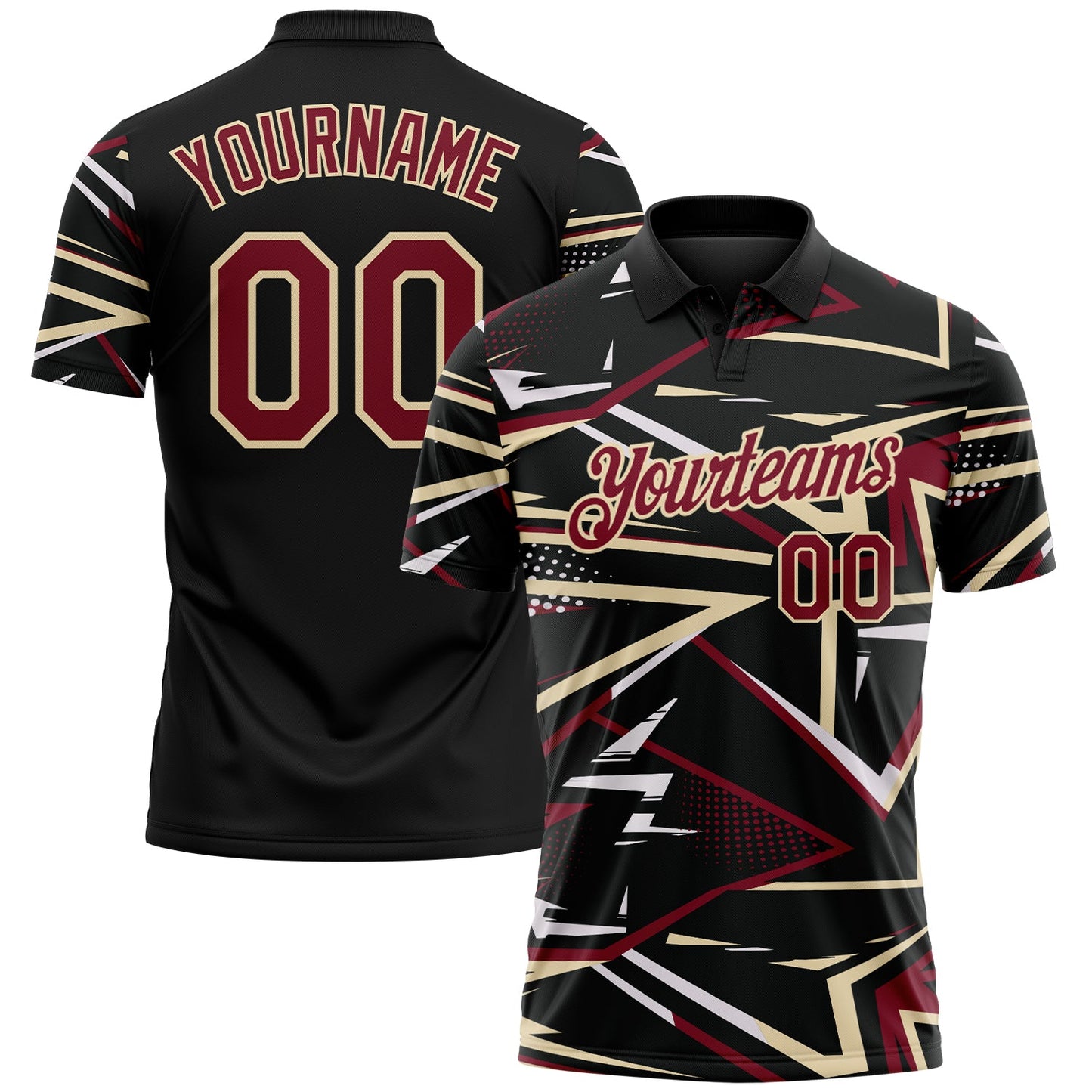 Custom Black Crimson-Cream Dynamic Geometric Shard Performance Polo Shirt - Main View