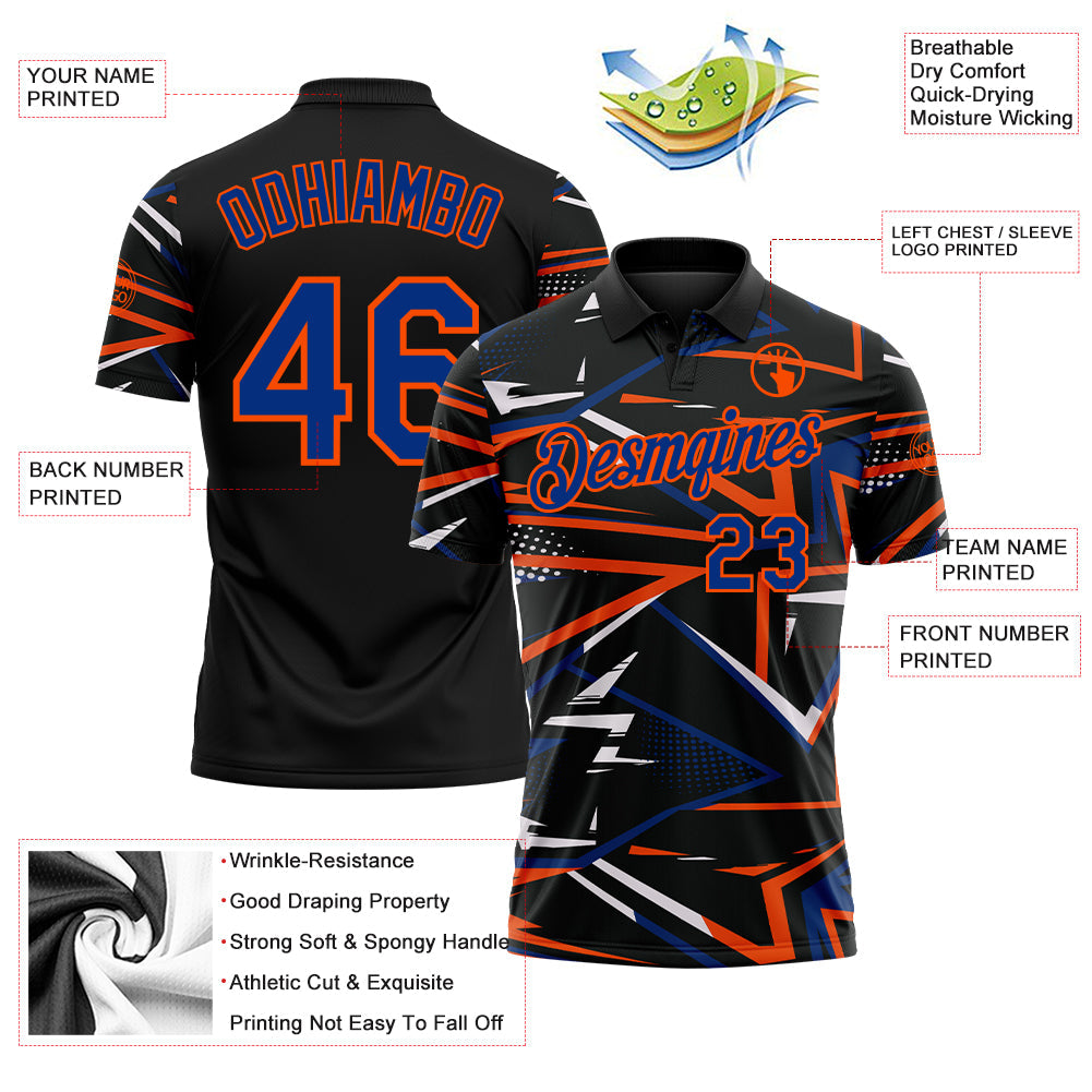Custom Black Royal-Orange Dynamic Geometric Shard Performance Polo Shirt view 3