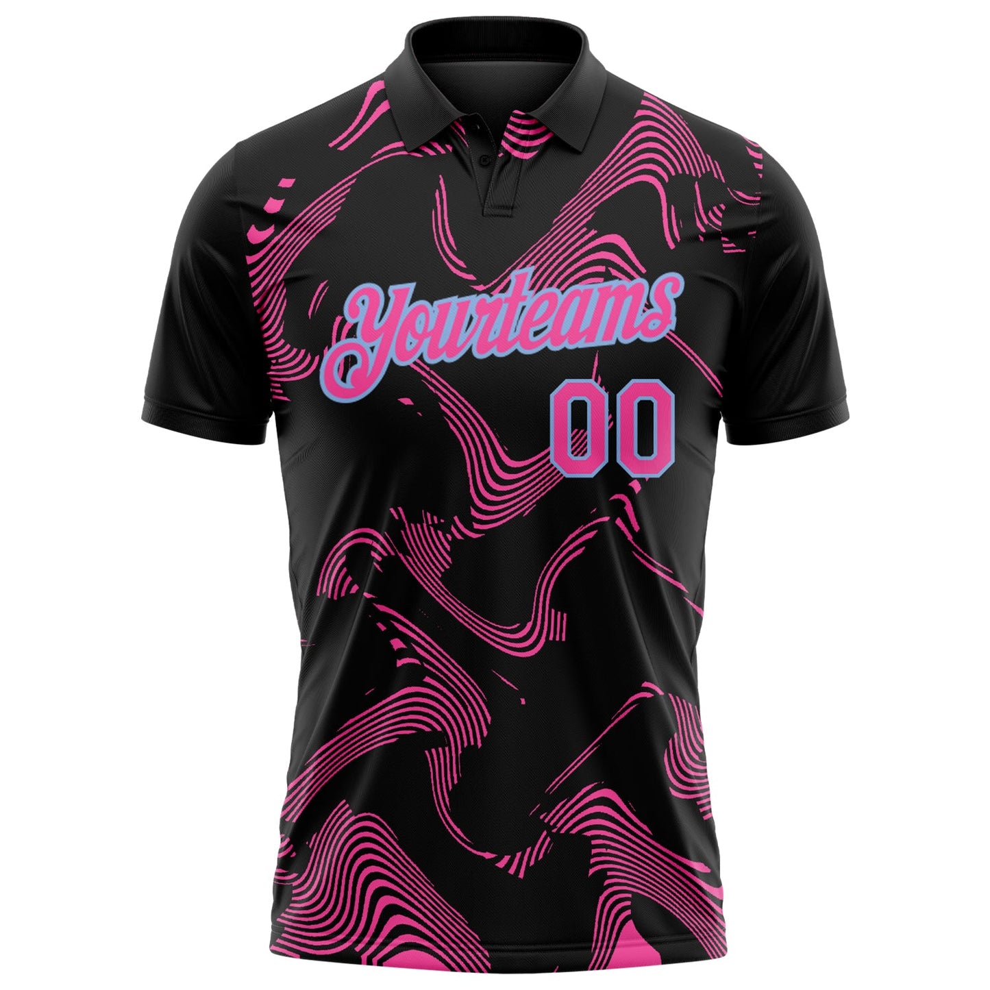 Custom Black Pink-Light Blue 3D Pattern Abstract Fluid Swirl Line Performance Polo Shirt view 2