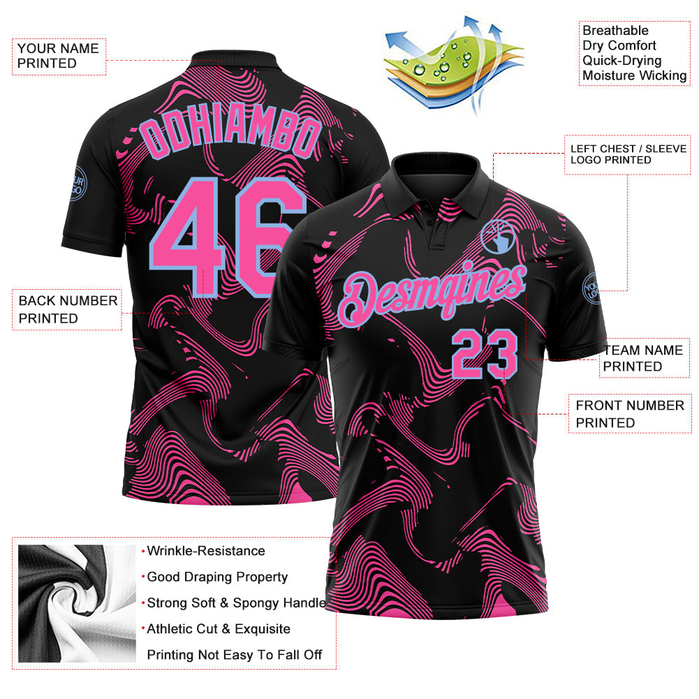 Custom Black Pink-Light Blue 3D Pattern Abstract Fluid Swirl Line Performance Polo Shirt view 3