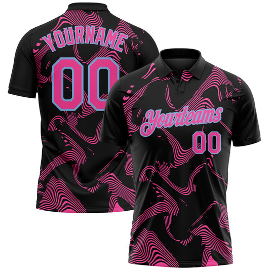 Custom Black Pink-Light Blue 3D Pattern Abstract Fluid Swirl Line Performance Polo Shirt - Main View