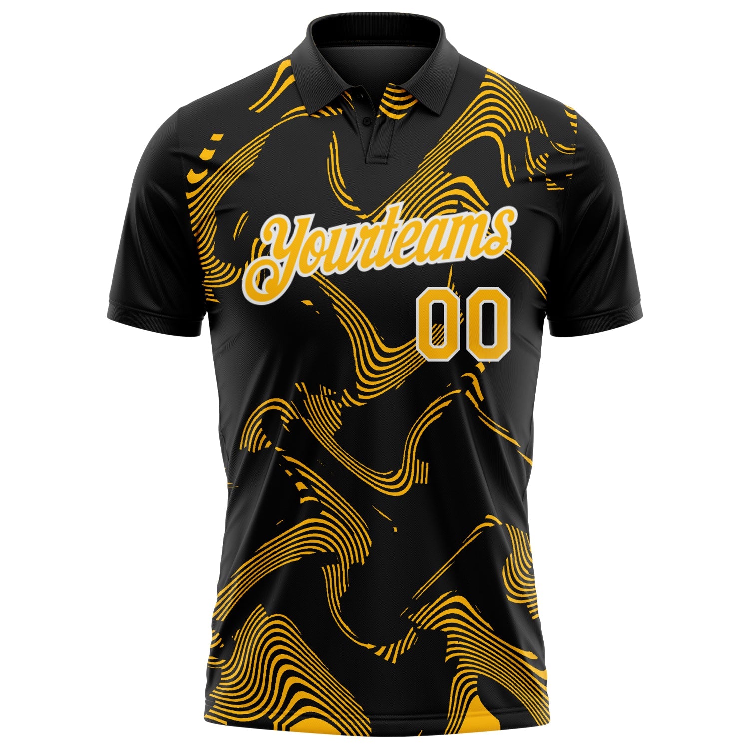Custom Black Gold-White 3D Pattern Abstract Fluid Swirl Line Performance Polo Shirt view 2