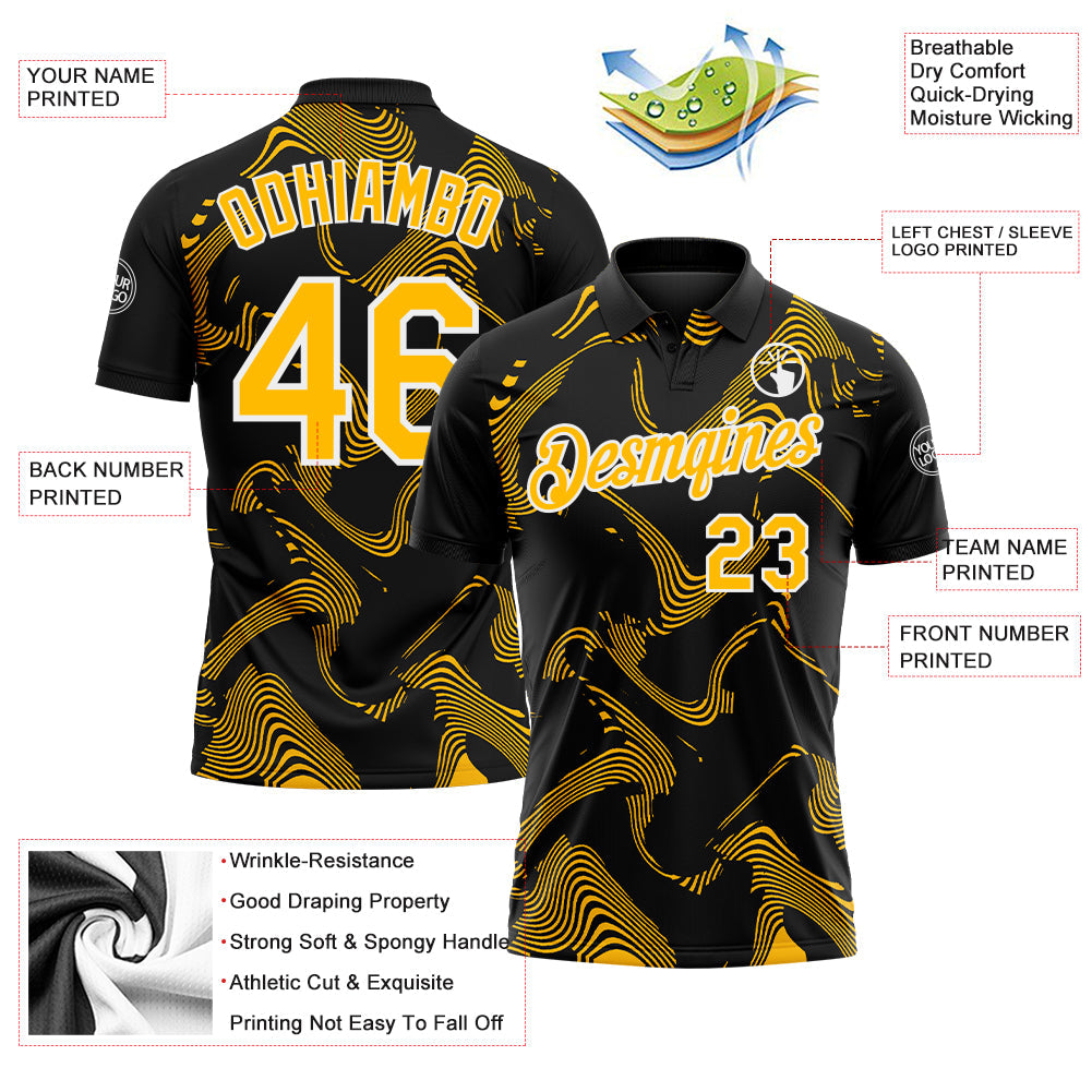 Custom Black Gold-White 3D Pattern Abstract Fluid Swirl Line Performance Polo Shirt view 3