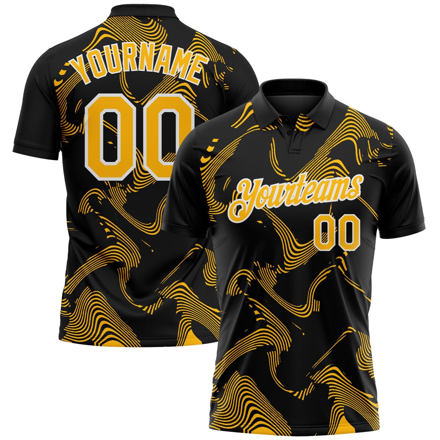 Custom Black Gold-White 3D Pattern Abstract Fluid Swirl Line Performance Polo Shirt - Main View