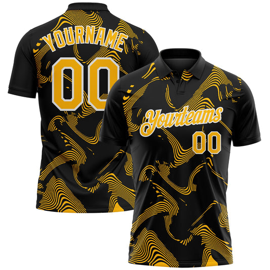Custom Black Gold-White 3D Pattern Abstract Fluid Swirl Line Performance Polo Shirt - Main View