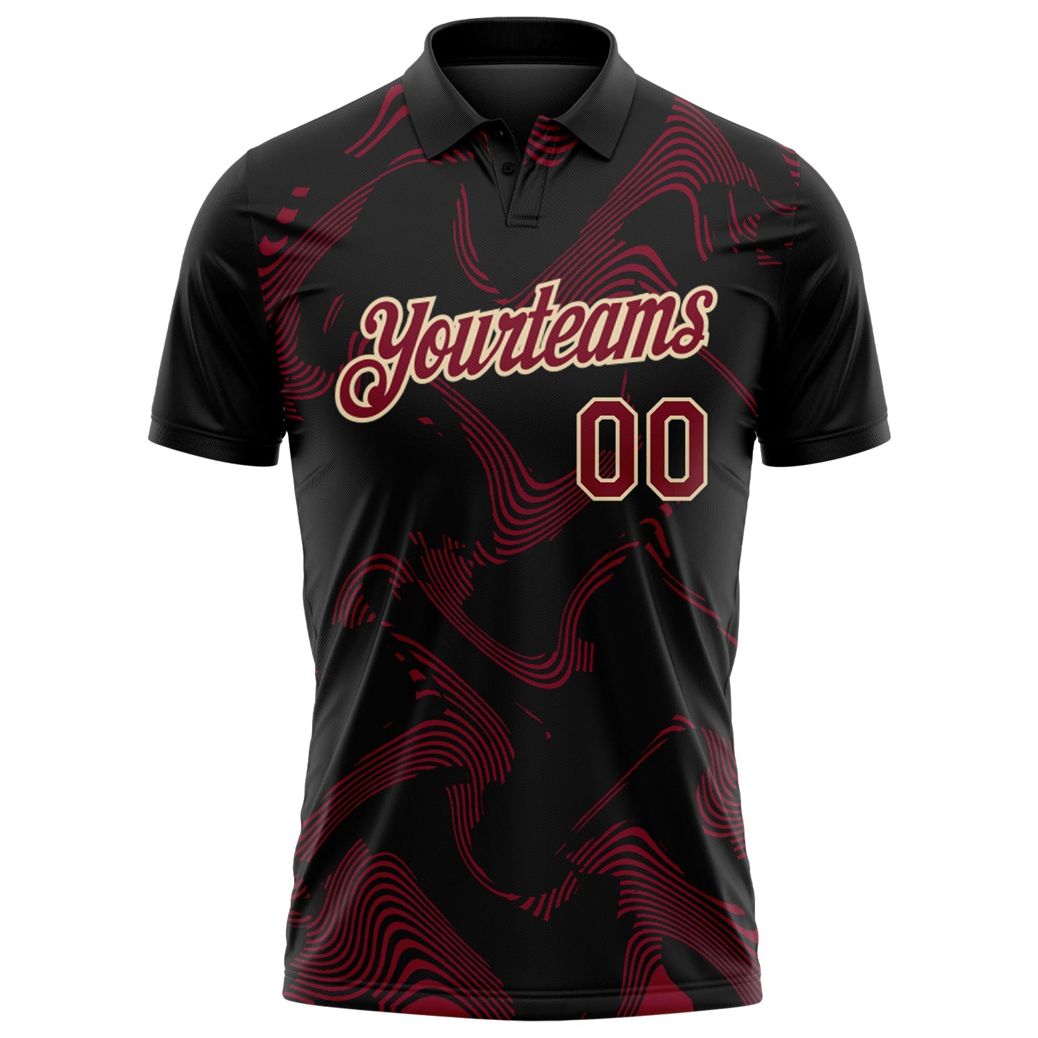 Custom Black Crimson-Cream 3D Pattern Abstract Fluid Swirl Line Performance Polo Shirt view 2