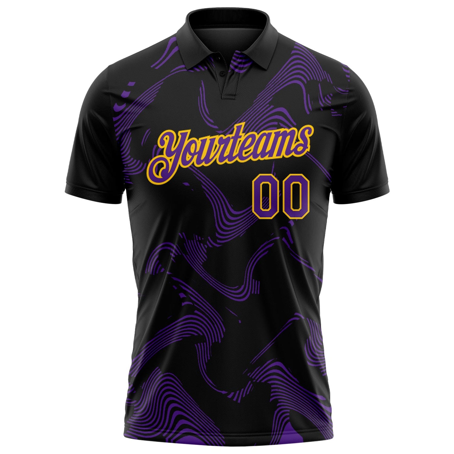 Custom Black Purple-Yellow 3D Pattern Abstract Fluid Swirl Line Performance Polo Shirt view 2