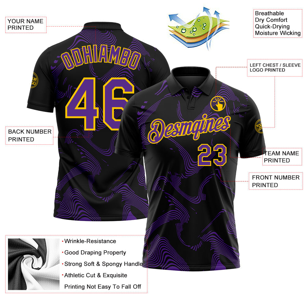 Custom Black Purple-Yellow 3D Pattern Abstract Fluid Swirl Line Performance Polo Shirt view 3