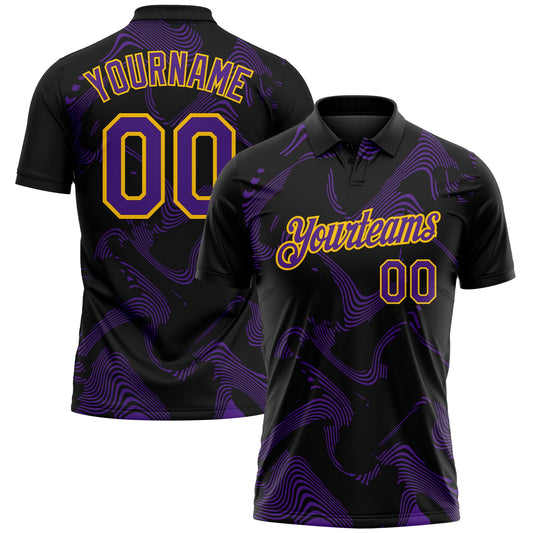 Custom Black Purple-Yellow 3D Pattern Abstract Fluid Swirl Line Performance Polo Shirt - Main View