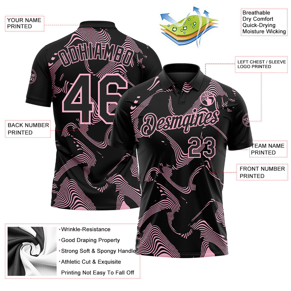 Custom Black-Light Pink 3D Pattern Abstract Fluid Swirl Line Performance Polo Shirt view 3