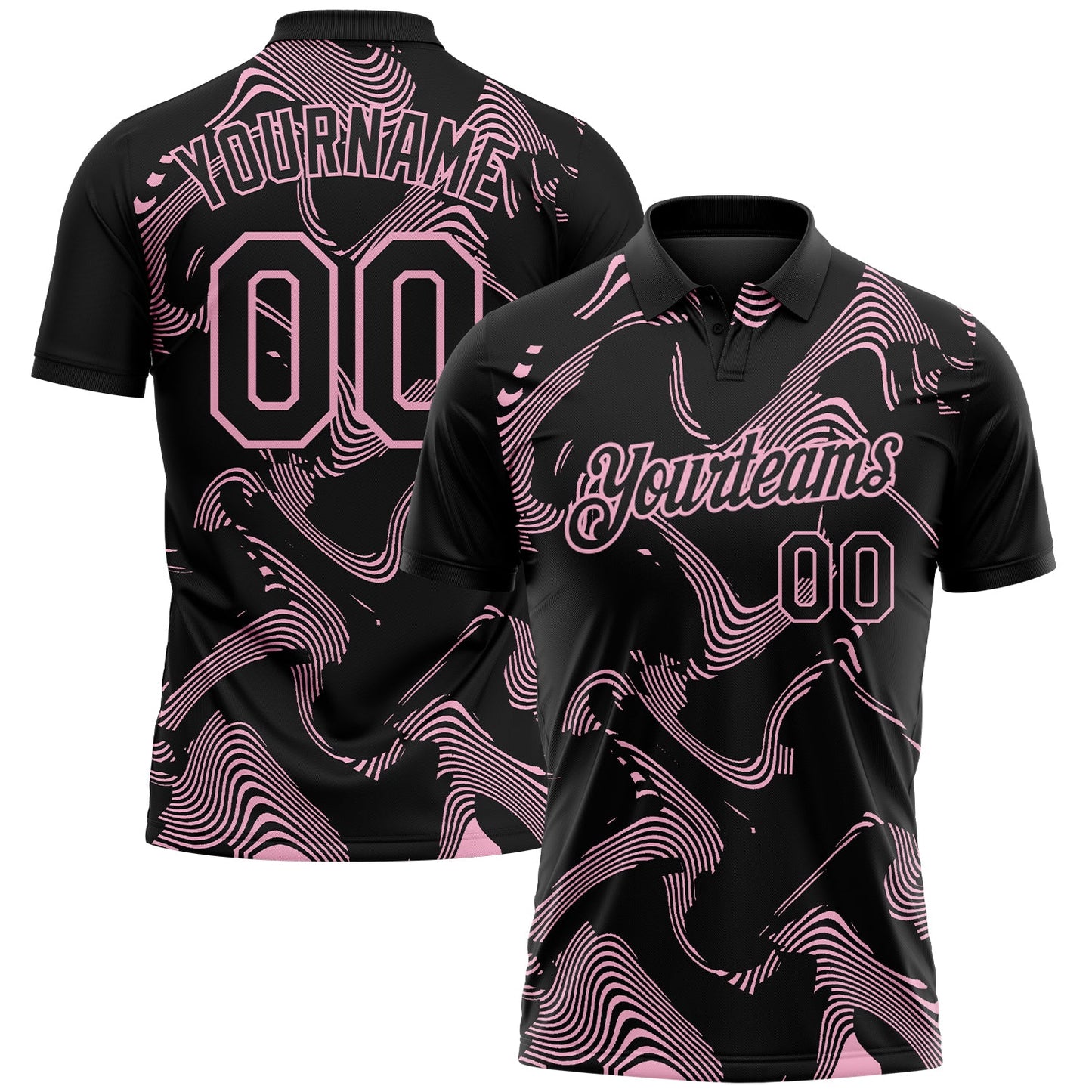 Custom Black-Light Pink 3D Pattern Abstract Fluid Swirl Line Performance Polo Shirt - Main View
