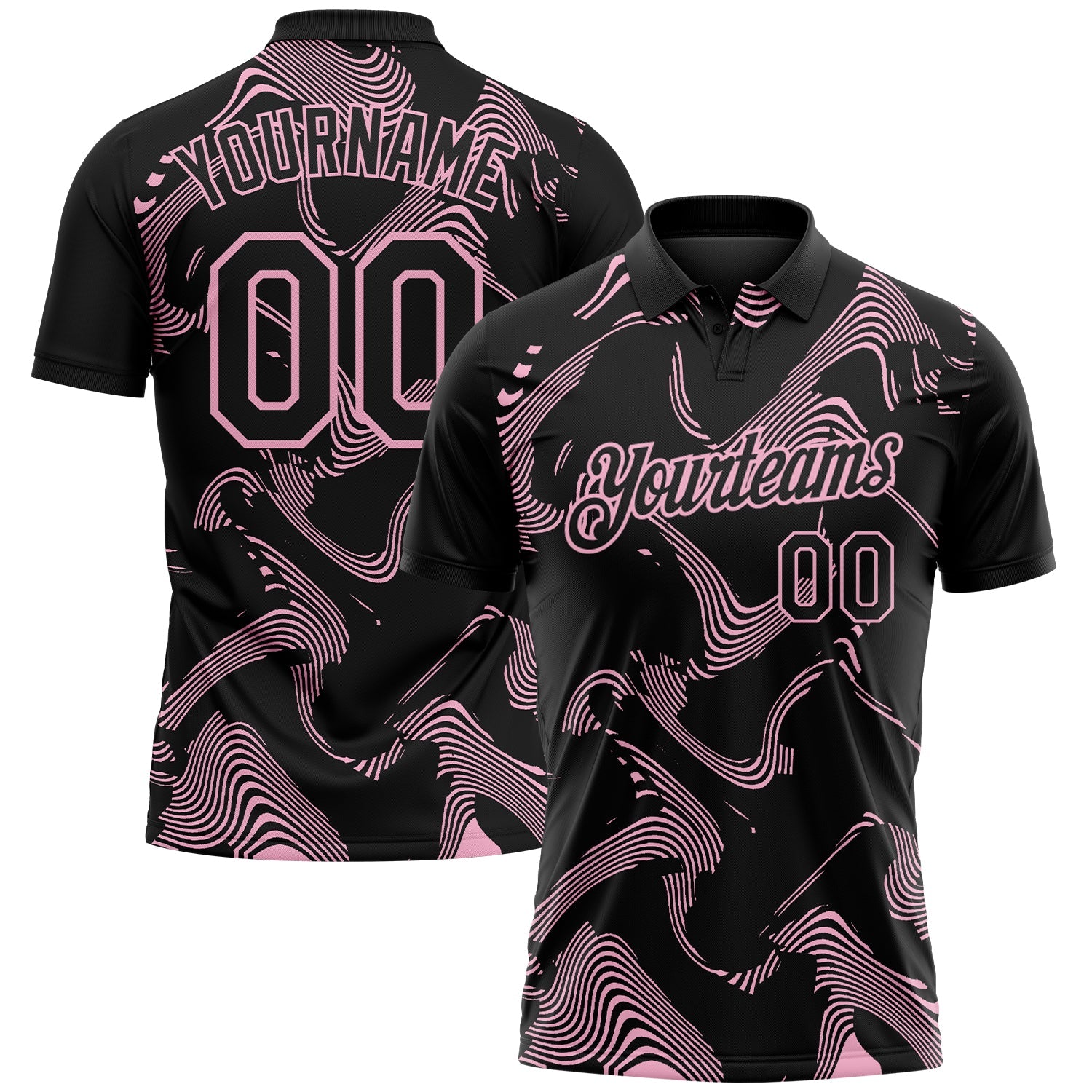 Custom Black-Light Pink 3D Pattern Abstract Fluid Swirl Line Performance Polo Shirt - Main View