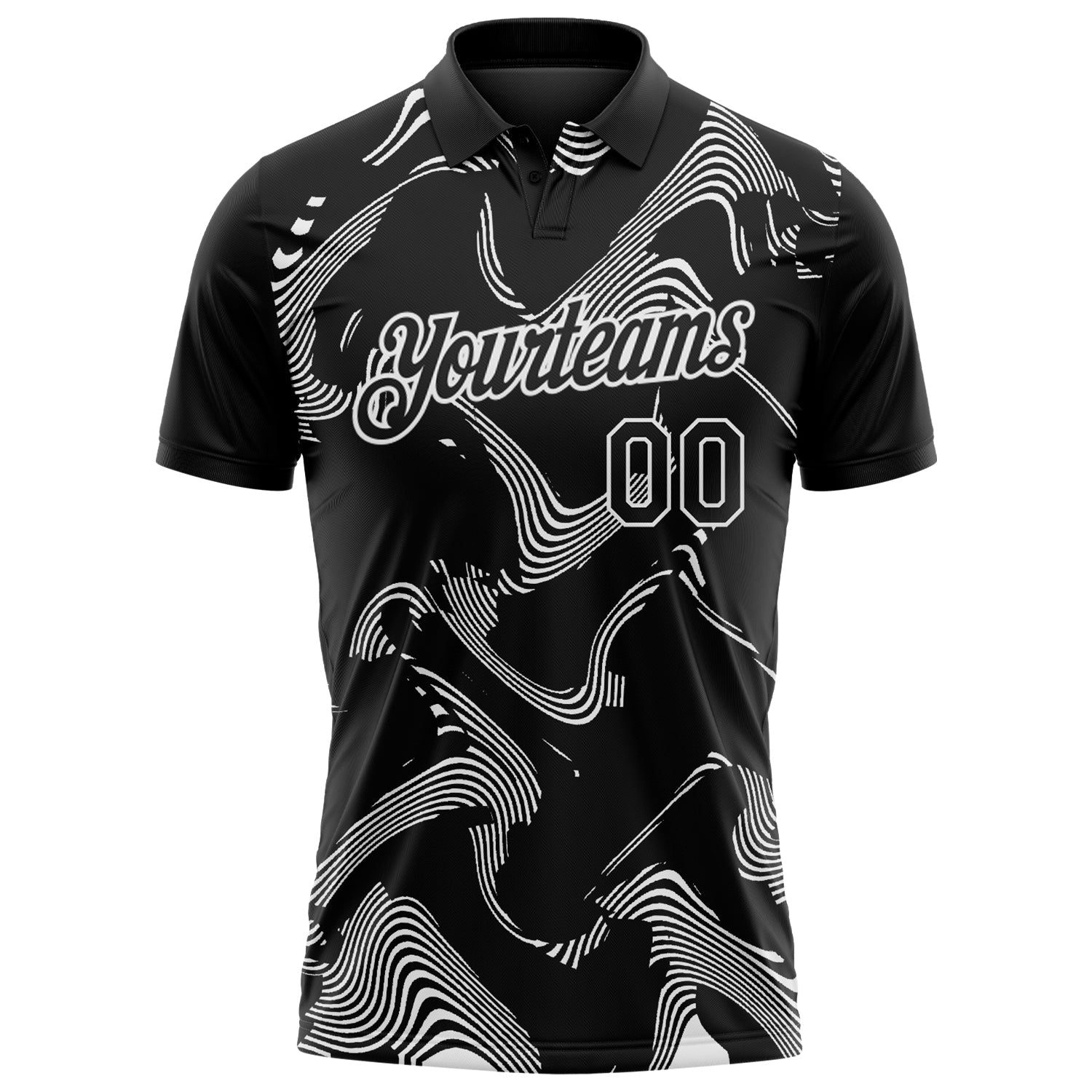 Custom Black-White 3D Pattern Abstract Fluid Swirl Line Performance Polo Shirt view 2