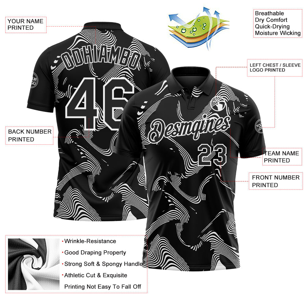 Custom Black-White 3D Pattern Abstract Fluid Swirl Line Performance Polo Shirt view 3