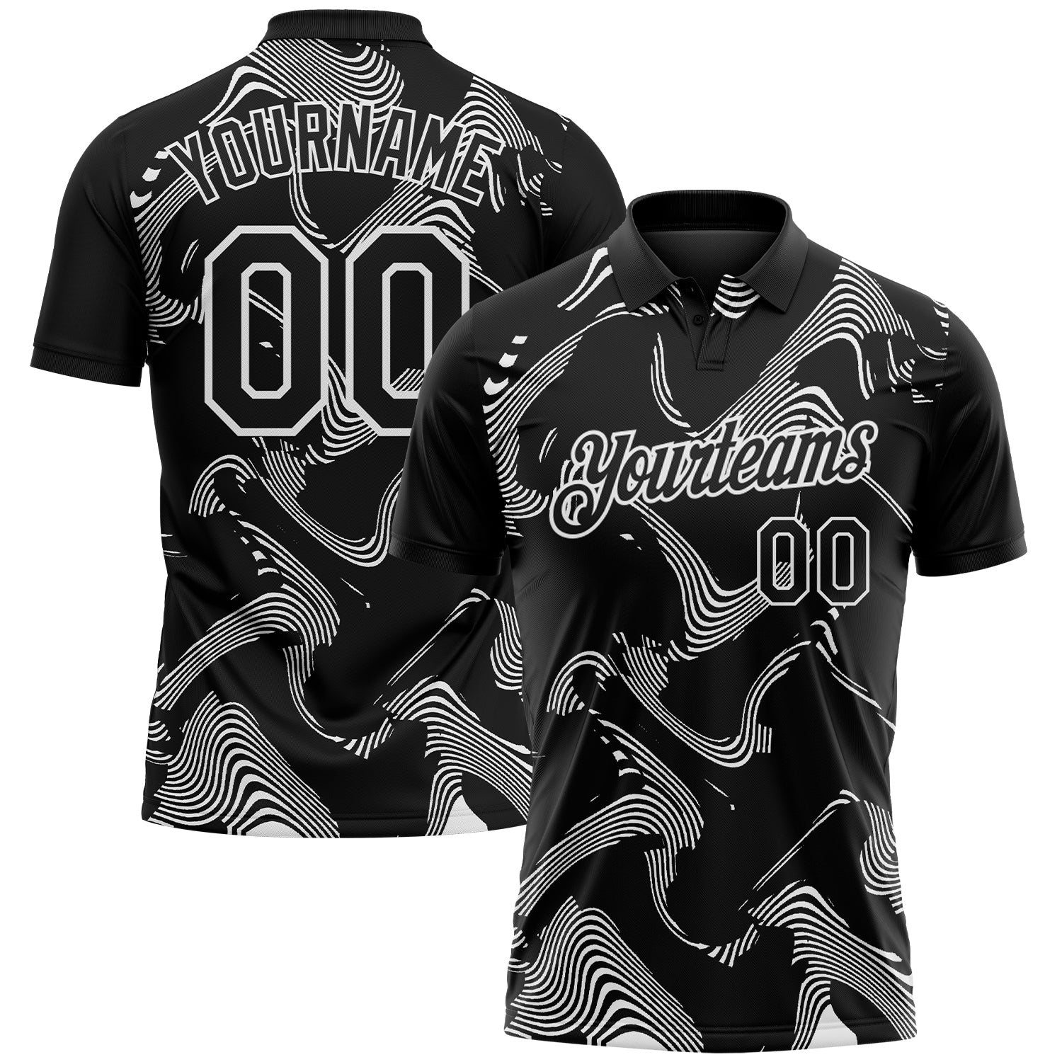 Custom Black-White 3D Pattern Abstract Fluid Swirl Line Performance Polo Shirt - Main View