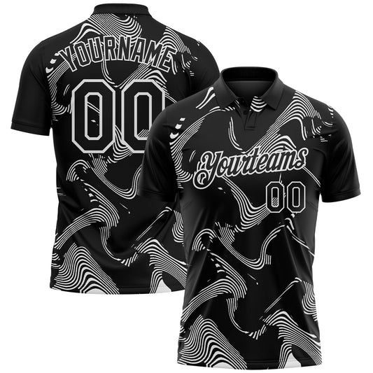 Custom Black-White 3D Pattern Abstract Fluid Swirl Line Performance Polo Shirt - Main View