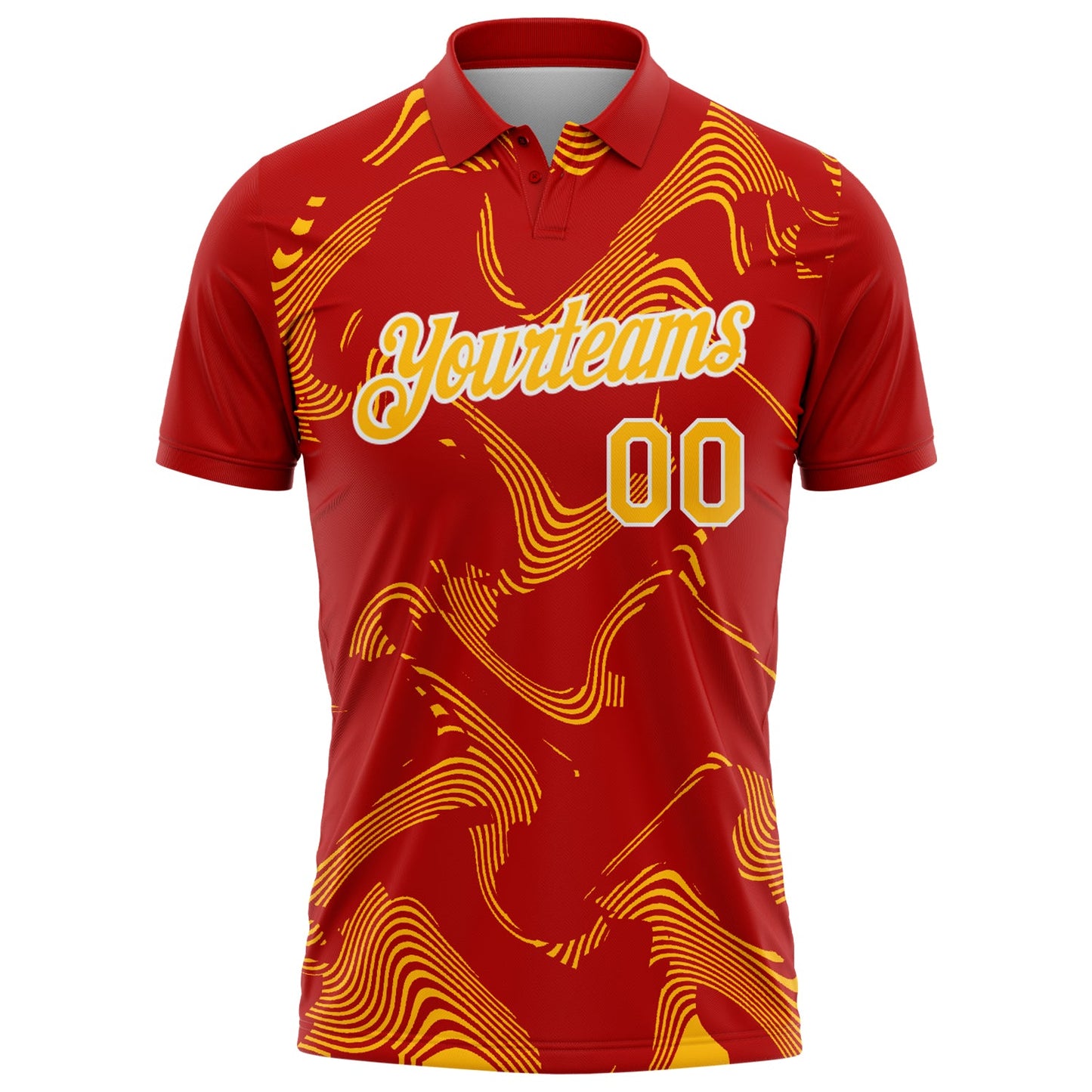 Custom Red Gold-White 3D Pattern Abstract Fluid Swirl Line Performance Polo Shirt view 2