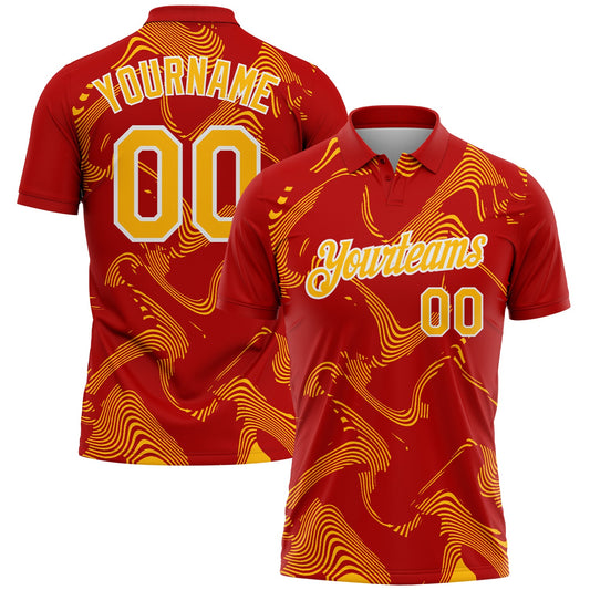 Custom Red Gold-White 3D Pattern Abstract Fluid Swirl Line Performance Polo Shirt - Main View