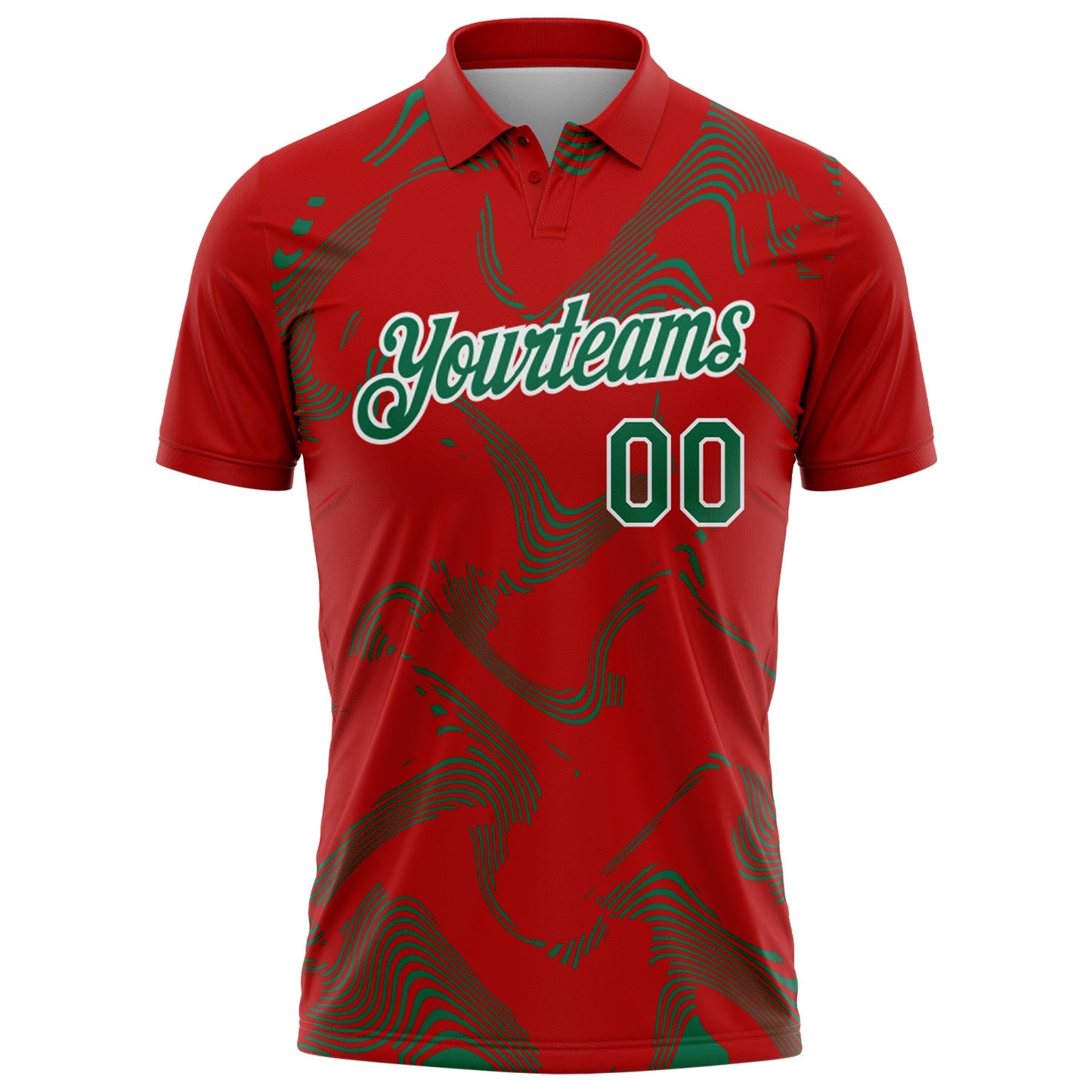 Custom Red Kelly Green-White 3D Pattern Abstract Fluid Swirl Line Performance Polo Shirt view 2