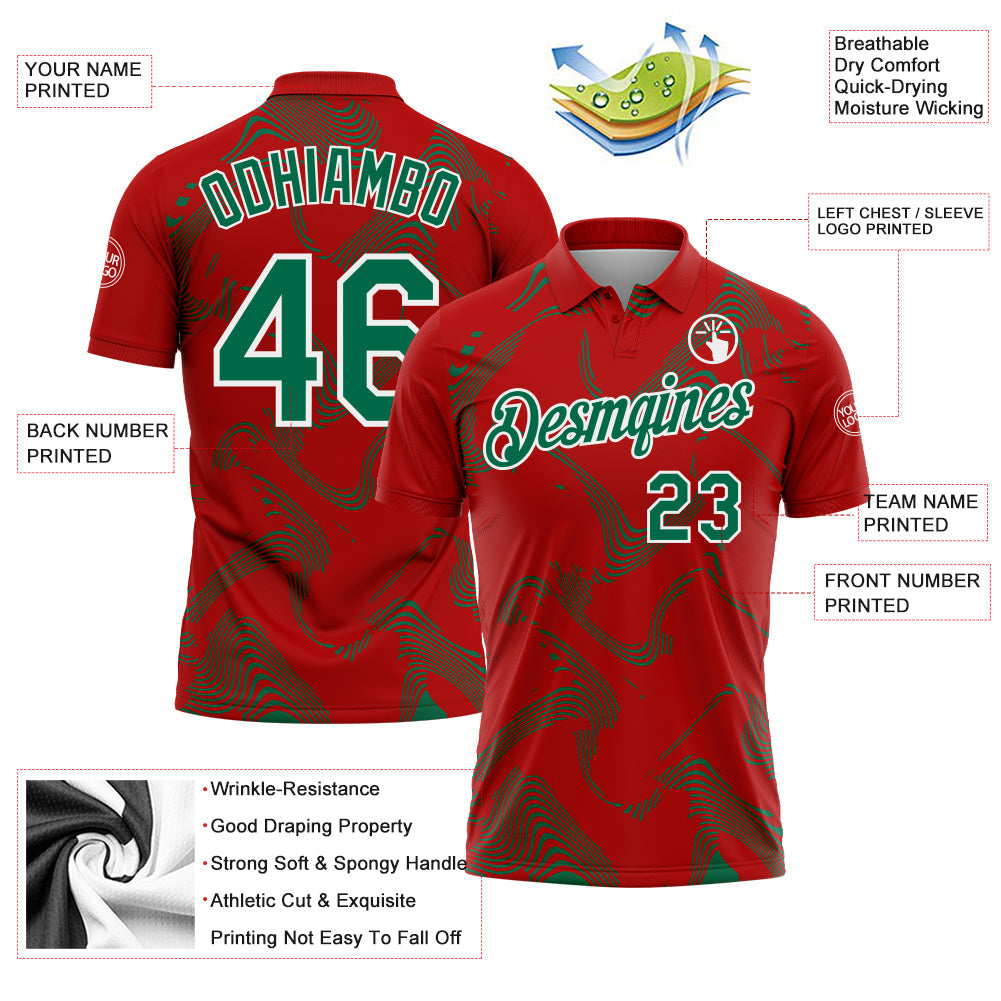 Custom Red Kelly Green-White 3D Pattern Abstract Fluid Swirl Line Performance Polo Shirt view 3