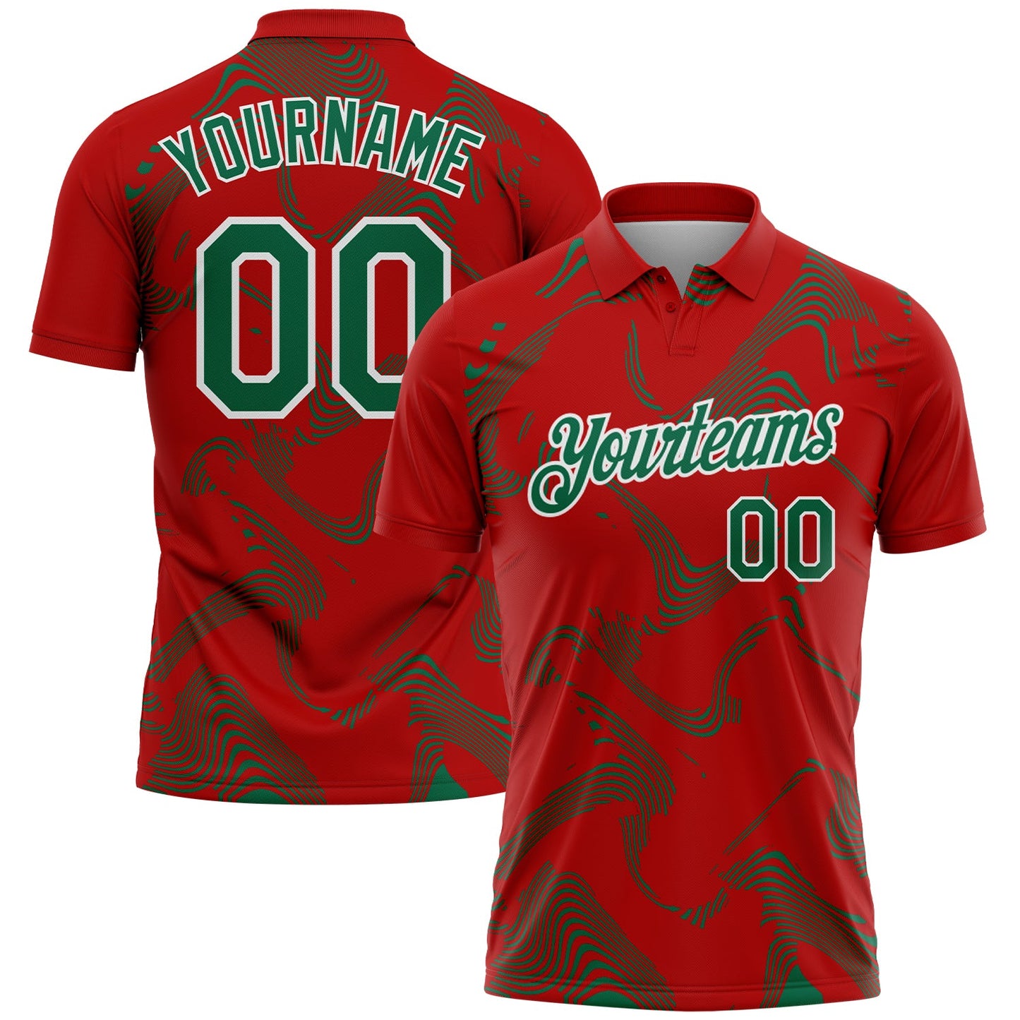 Custom Red Kelly Green-White 3D Pattern Abstract Fluid Swirl Line Performance Polo Shirt - Main View