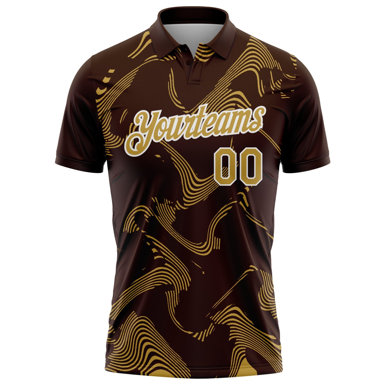 Custom Brown Old Gold-White 3D Pattern Abstract Fluid Swirl Line Performance Polo Shirt view 2