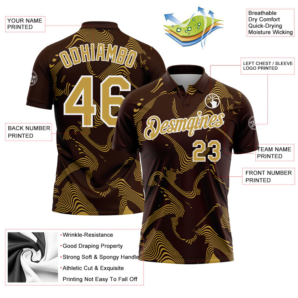 Custom Brown Old Gold-White 3D Pattern Abstract Fluid Swirl Line Performance Polo Shirt view 3