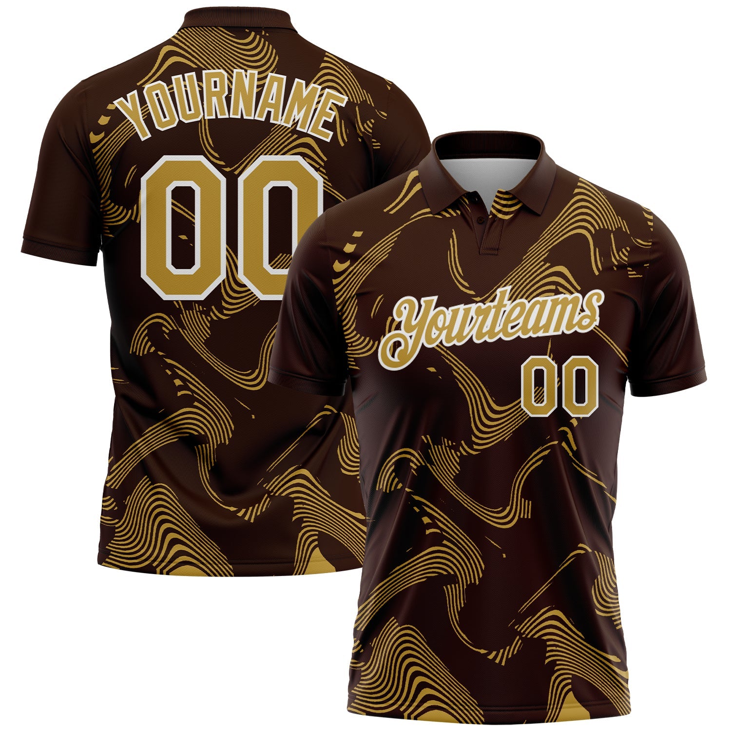Custom Brown Old Gold-White 3D Pattern Abstract Fluid Swirl Line Performance Polo Shirt - Main View