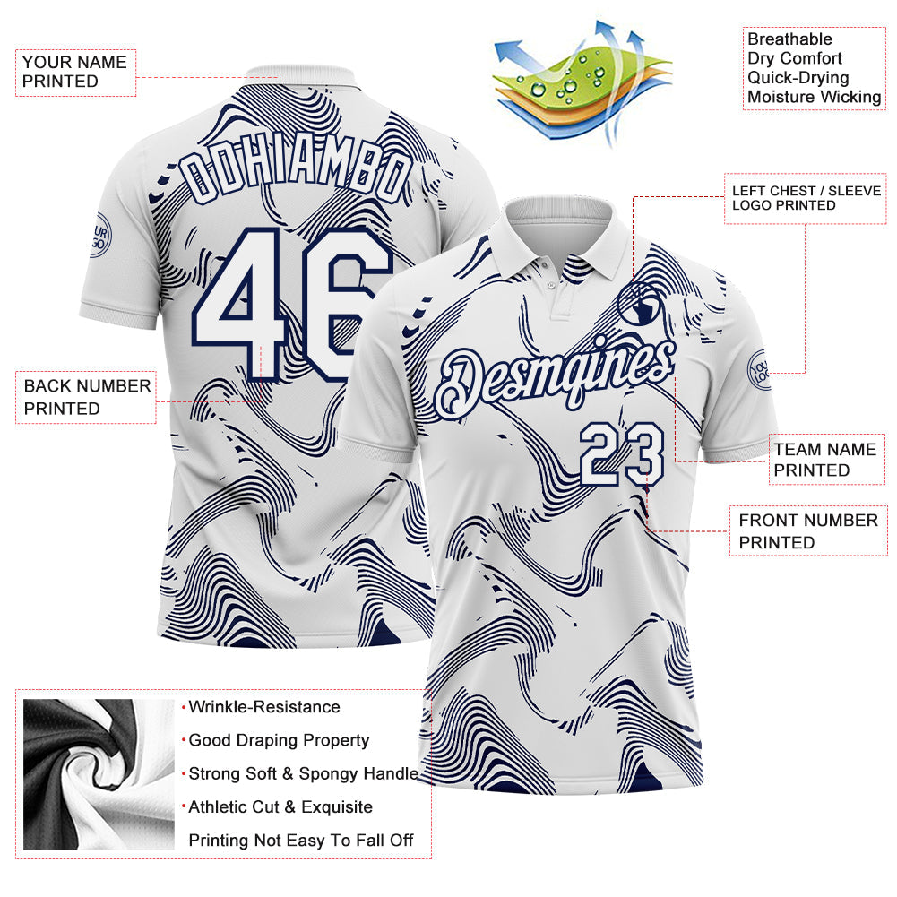 Custom White-Navy 3D Pattern Abstract Fluid Swirl Line Performance Polo Shirt view 3