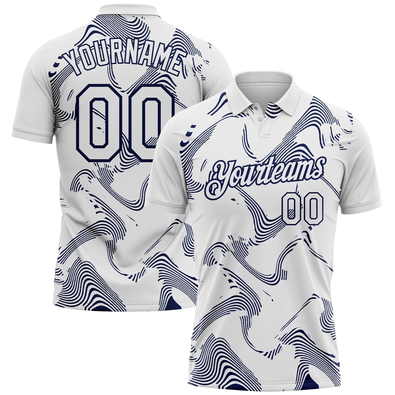 Custom White-Navy 3D Pattern Abstract Fluid Swirl Line Performance Polo Shirt - Main View