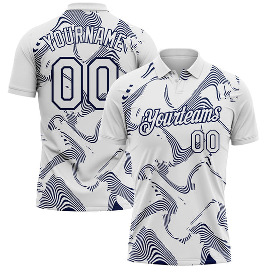 Custom White-Navy 3D Pattern Abstract Fluid Swirl Line Performance Polo Shirt - Main View