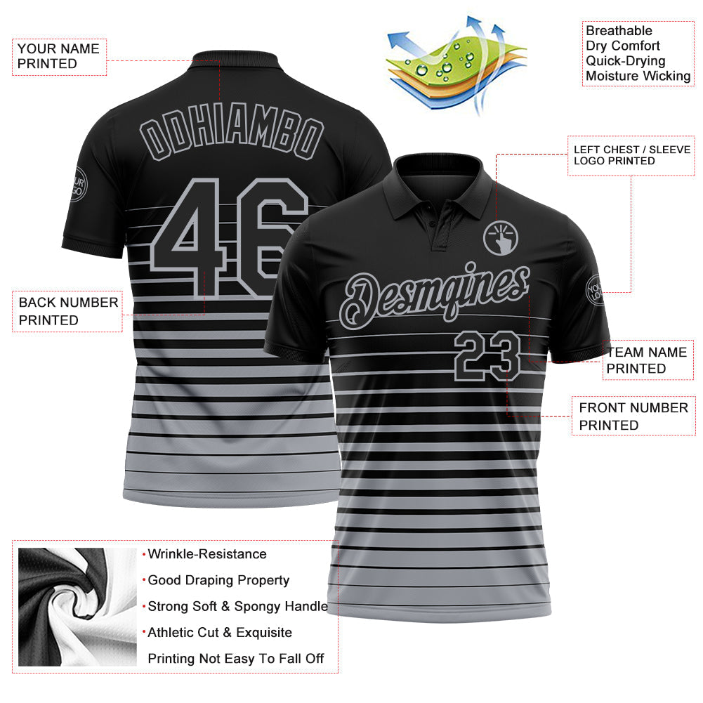 Custom Black-Gray Horizontal Gradient Stripe Performance Polo Shirt view 3