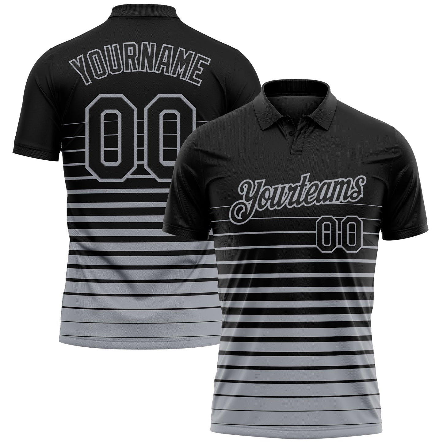 Custom Black-Gray Horizontal Gradient Stripe Performance Polo Shirt - Main View