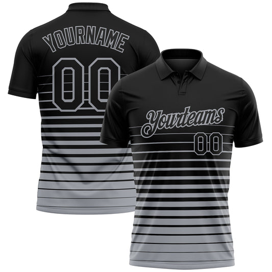 Custom Black-Gray Horizontal Gradient Stripe Performance Polo Shirt - Main View