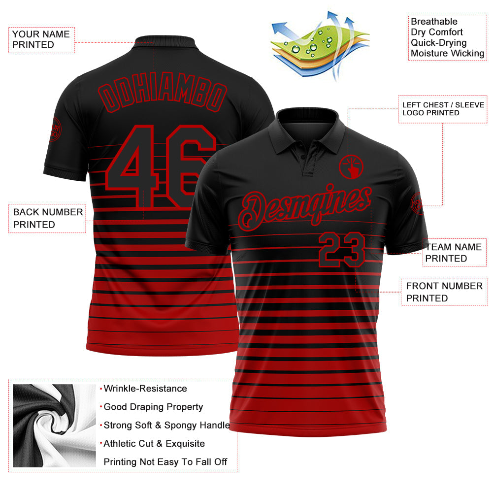 Custom Black-Red Horizontal Gradient Stripe Performance Polo Shirt view 3