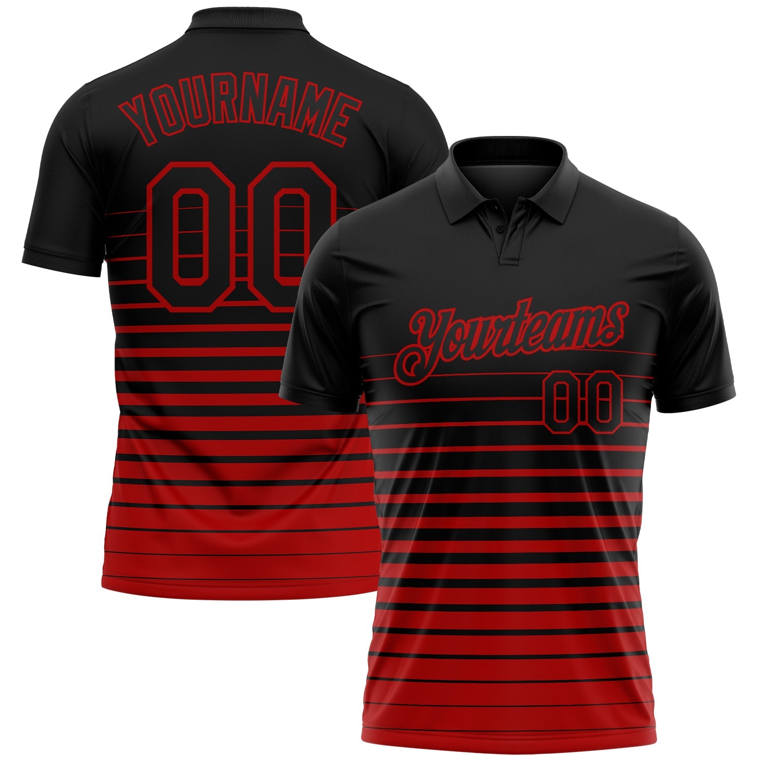 Custom Black-Red Horizontal Gradient Stripe Performance Polo Shirt - Main View
