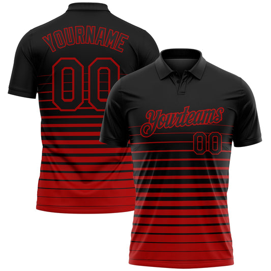 Custom Black-Red Horizontal Gradient Stripe Performance Polo Shirt - Main View