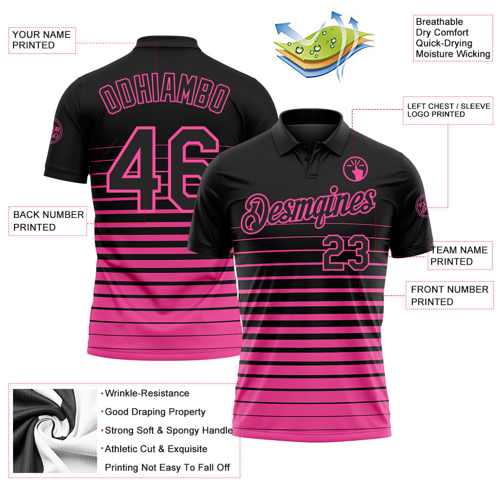 Custom Black-Pink Horizontal Gradient Stripe Performance Polo Shirt view 3