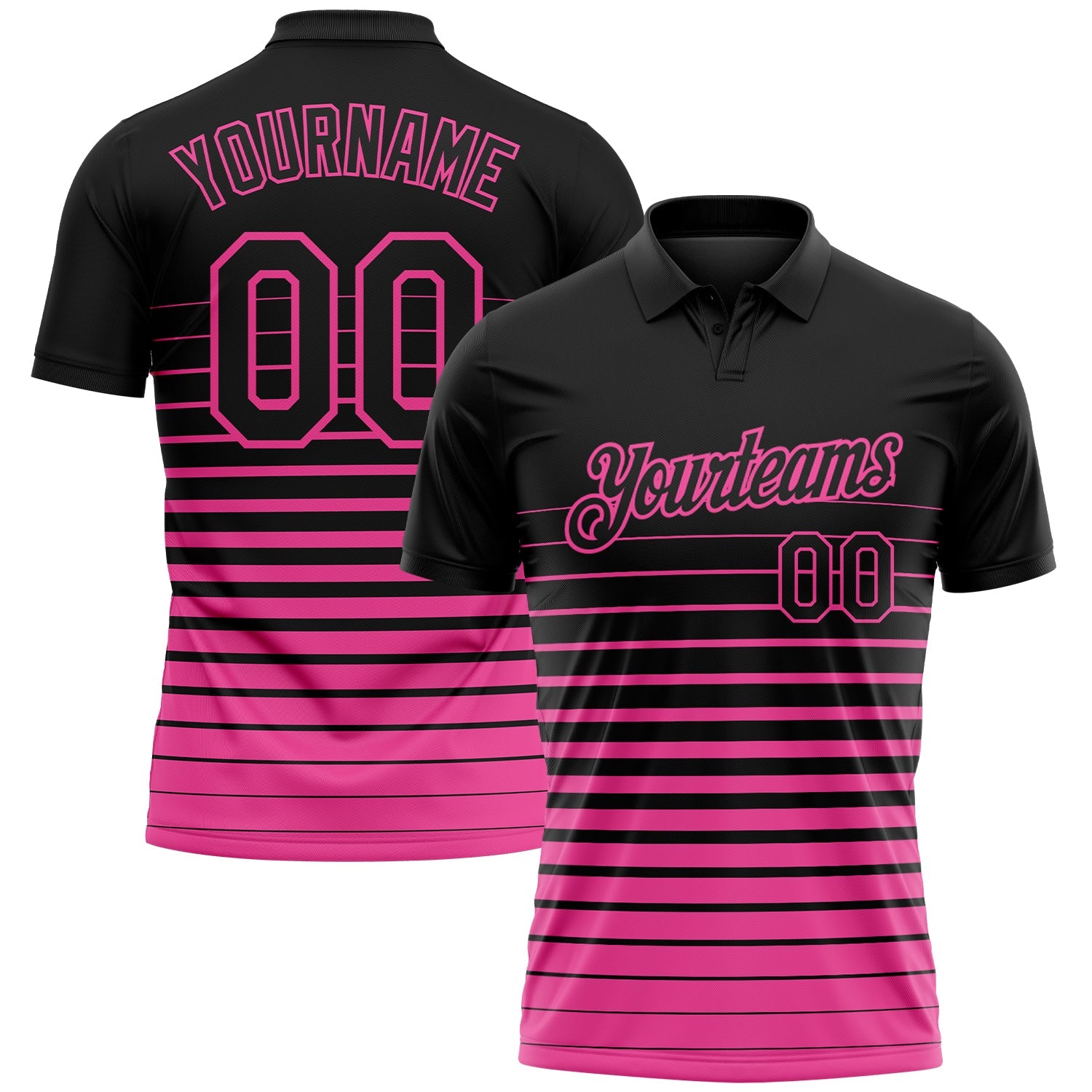 Custom Black-Pink Horizontal Gradient Stripe Performance Polo Shirt - Main View
