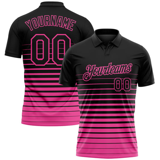 Custom Black-Pink Horizontal Gradient Stripe Performance Polo Shirt - Main View