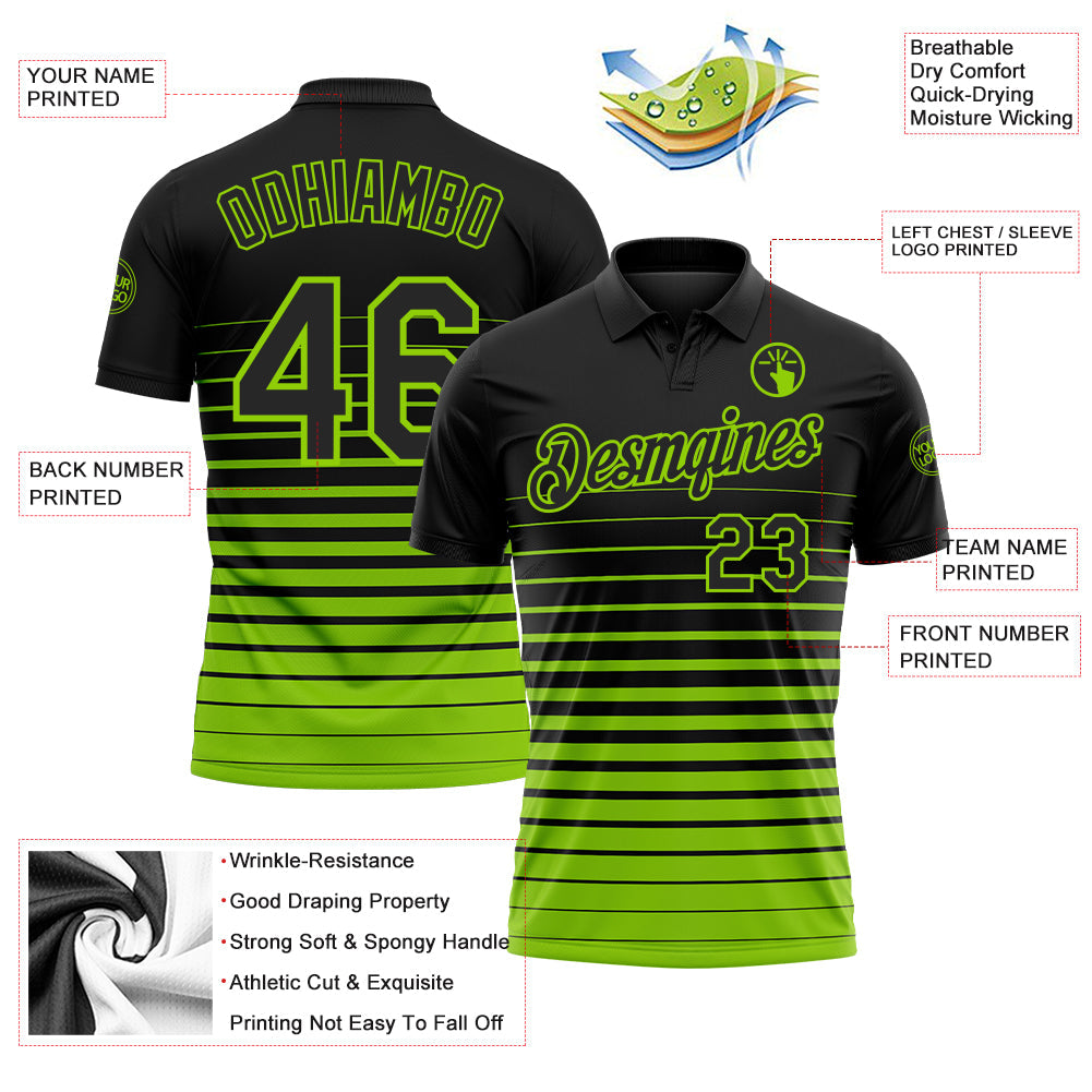 Custom Black-Neon Green Horizontal Gradient Stripe Performance Polo Shirt view 3