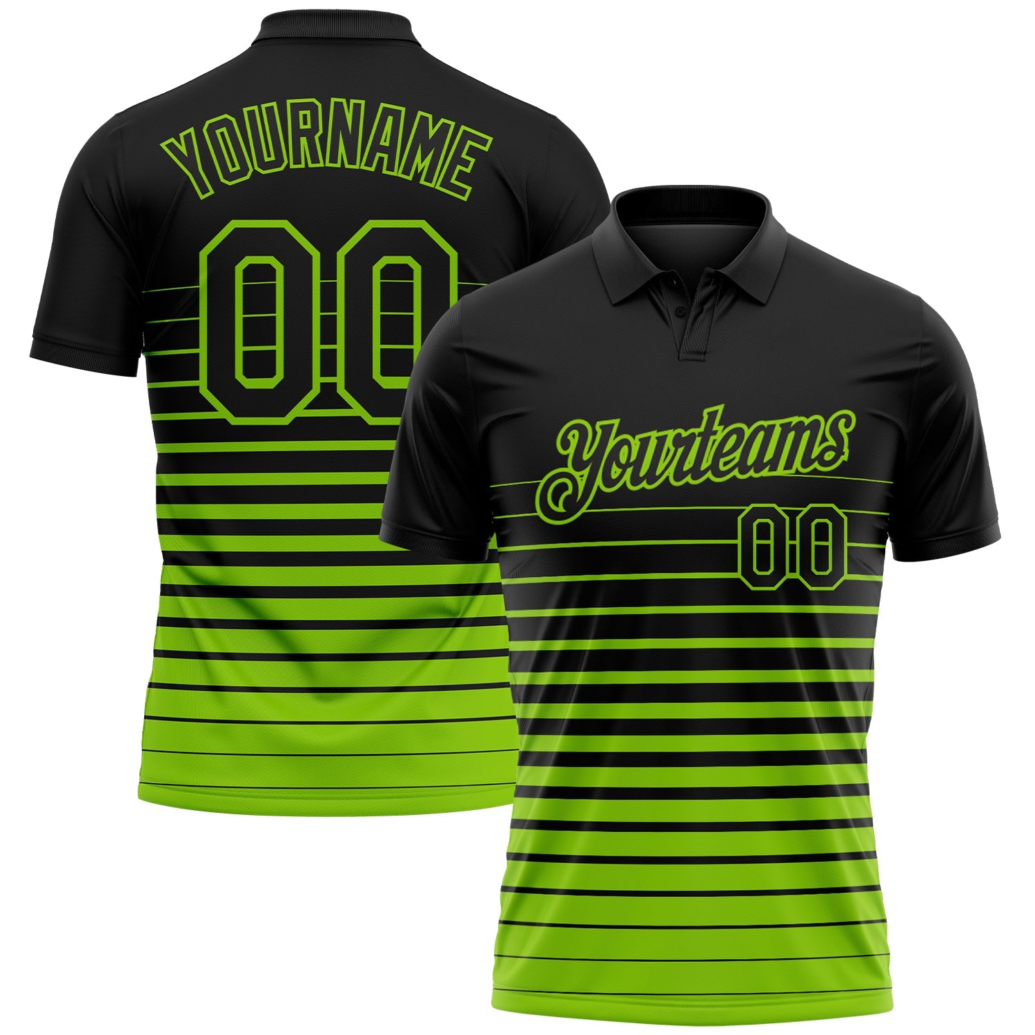Custom Black-Neon Green Horizontal Gradient Stripe Performance Polo Shirt - Main View