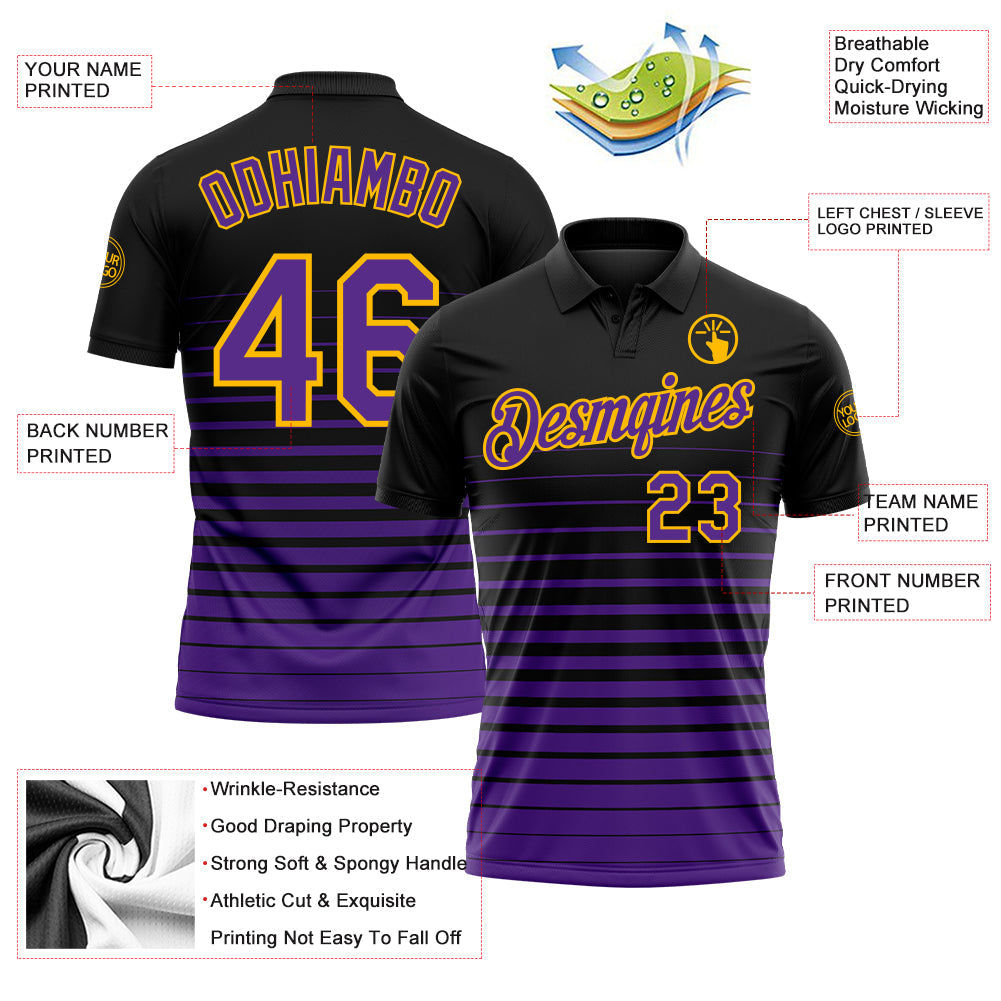 Custom Black Purple-Gold Horizontal Gradient Stripe Performance Polo Shirt view 3