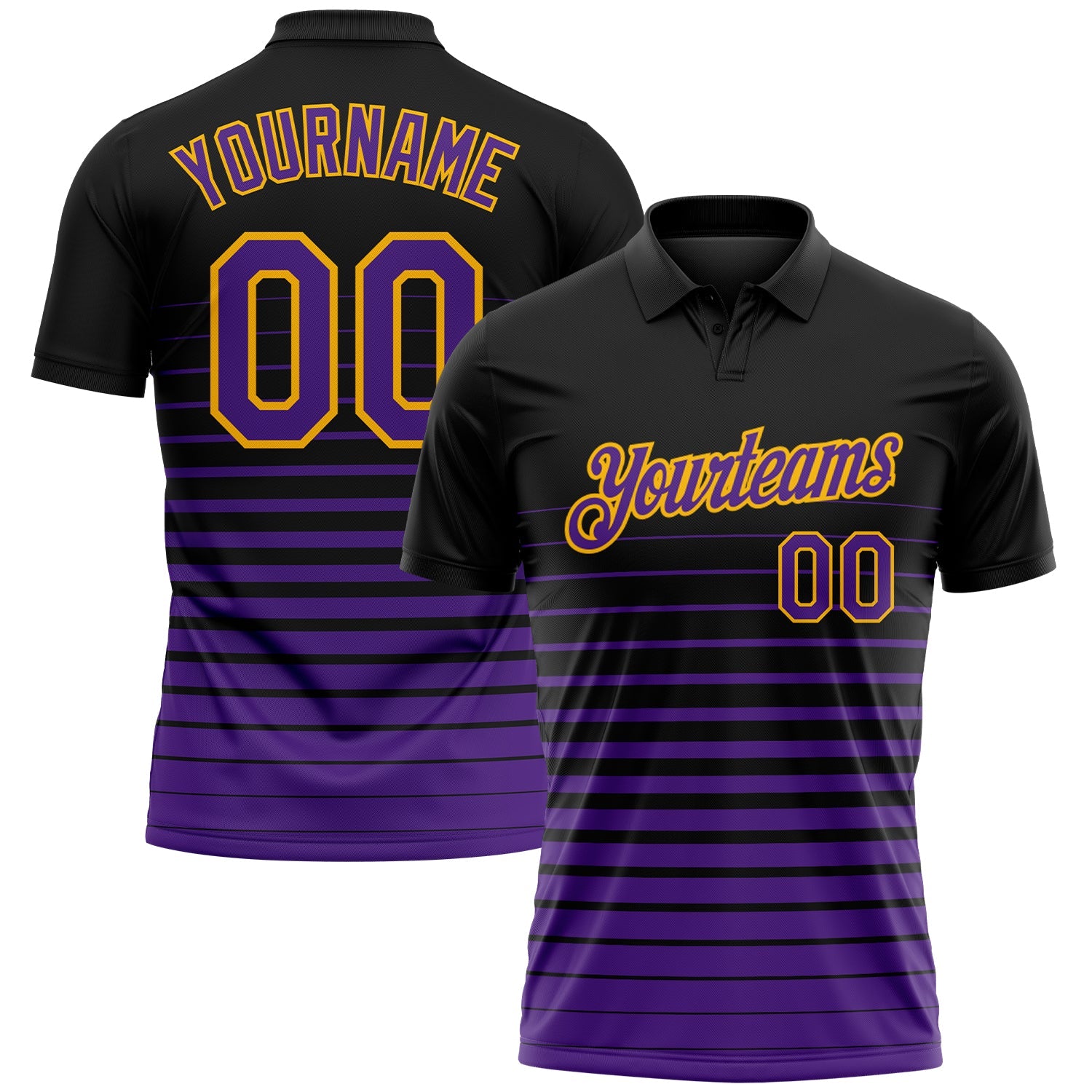 Custom Black Purple-Gold Horizontal Gradient Stripe Performance Polo Shirt - Main View