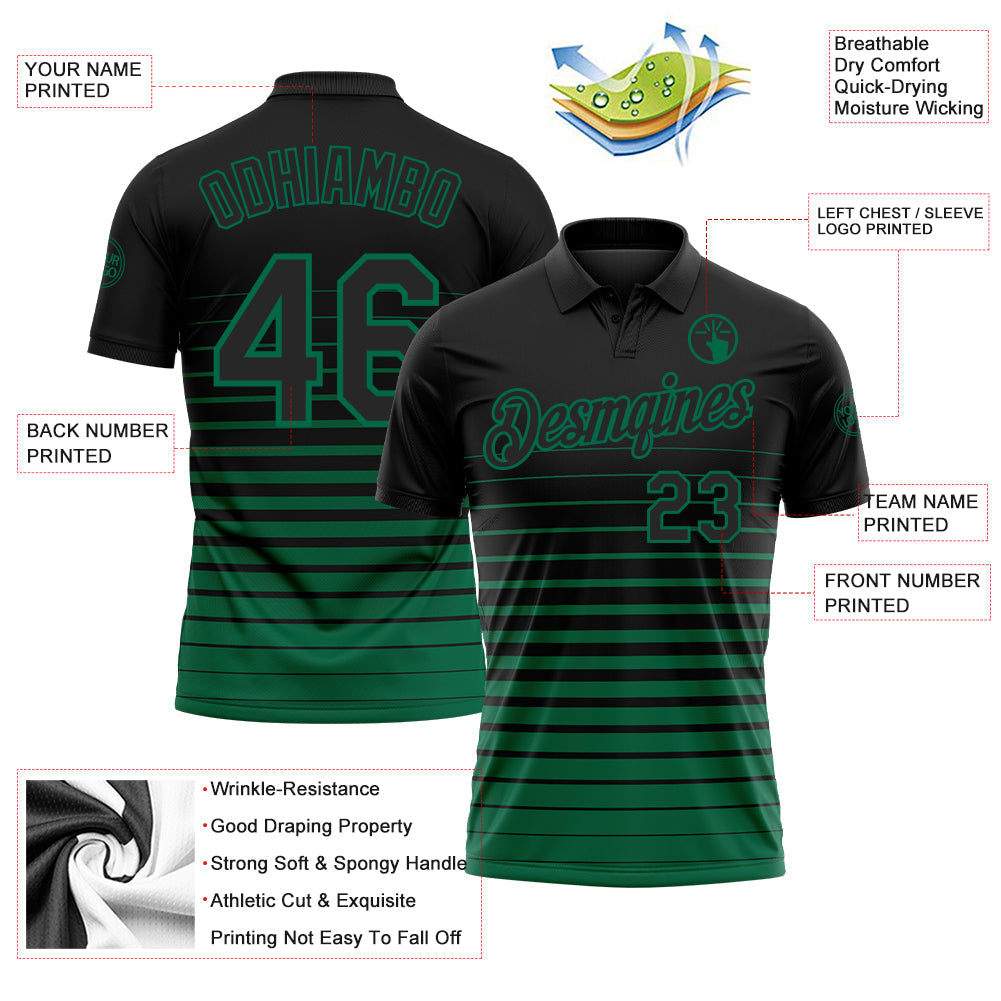 Custom Black-Kelly Green Horizontal Gradient Stripe Performance Polo Shirt view 3
