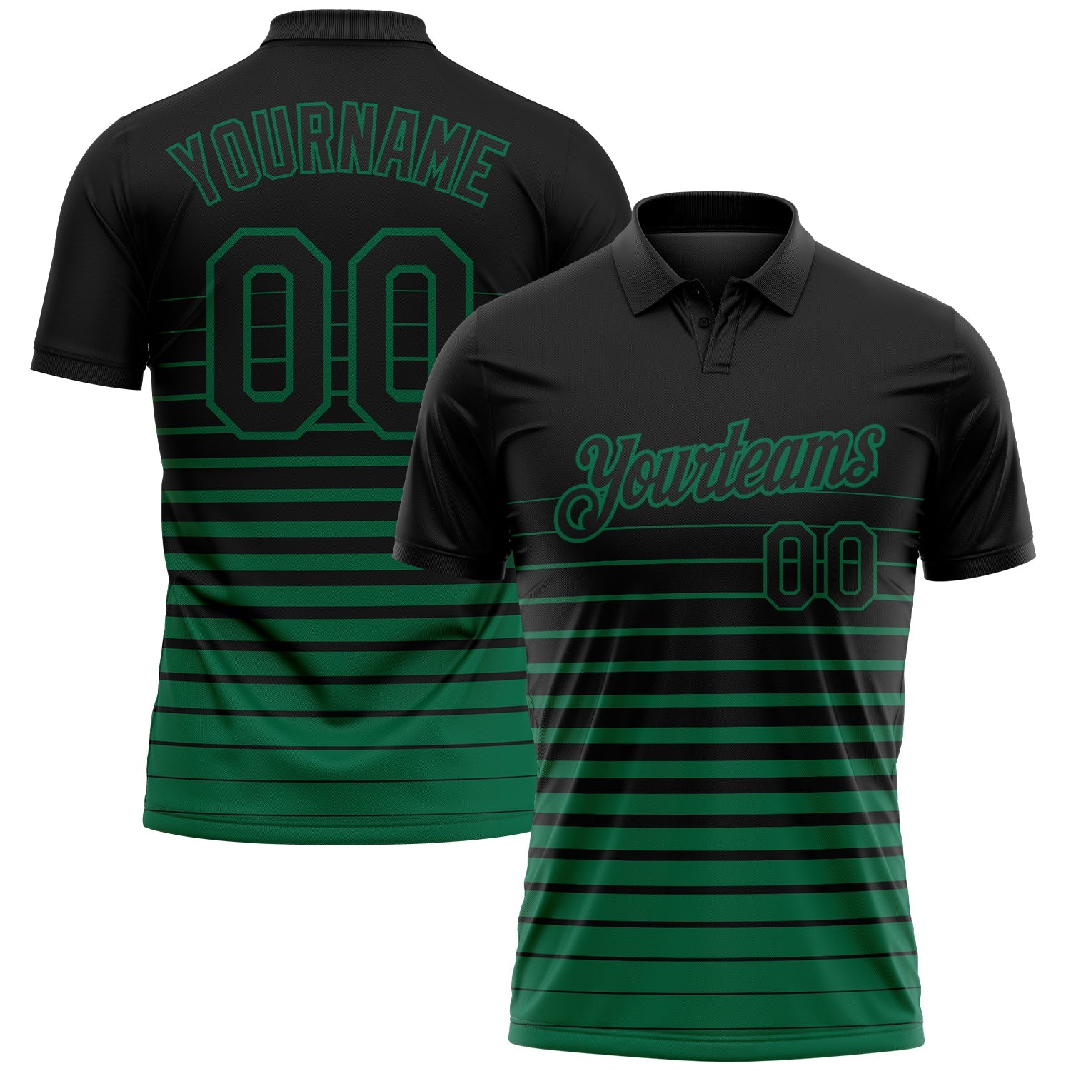 Custom Black-Kelly Green Horizontal Gradient Stripe Performance Polo Shirt - Main View