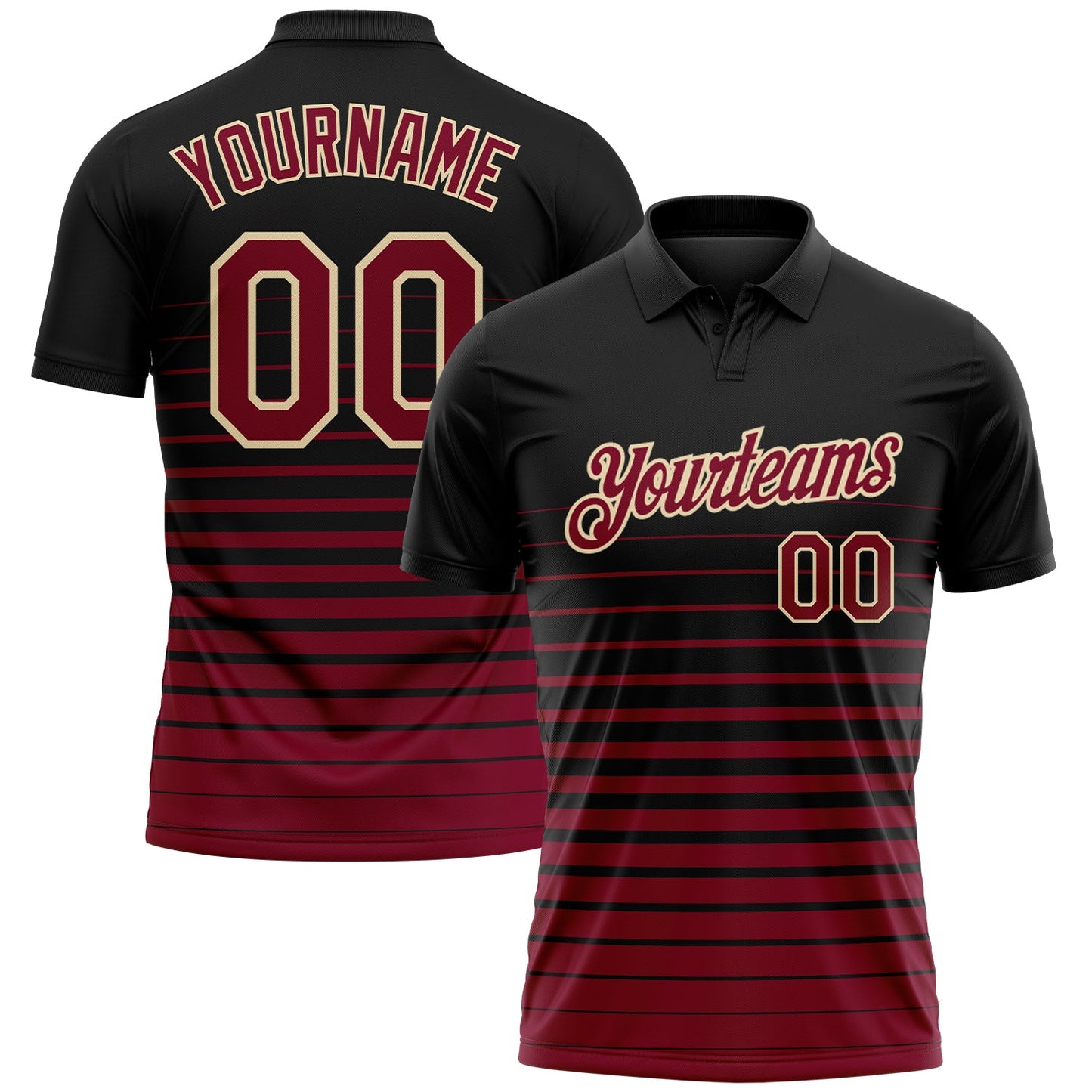Custom Black Maroon-Cream Horizontal Gradient Stripe Performance Polo Shirt - Main View