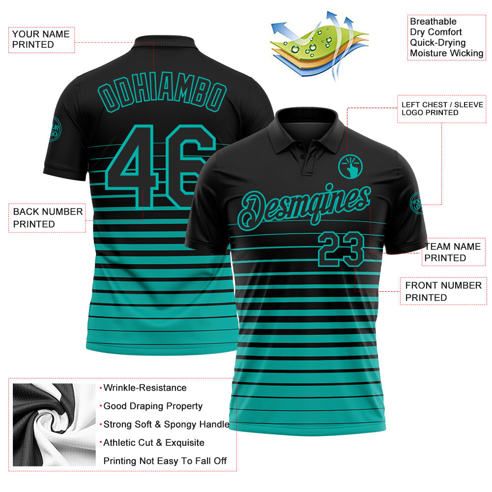 Custom Black-Aqua Horizontal Gradient Stripe Performance Polo Shirt view 3