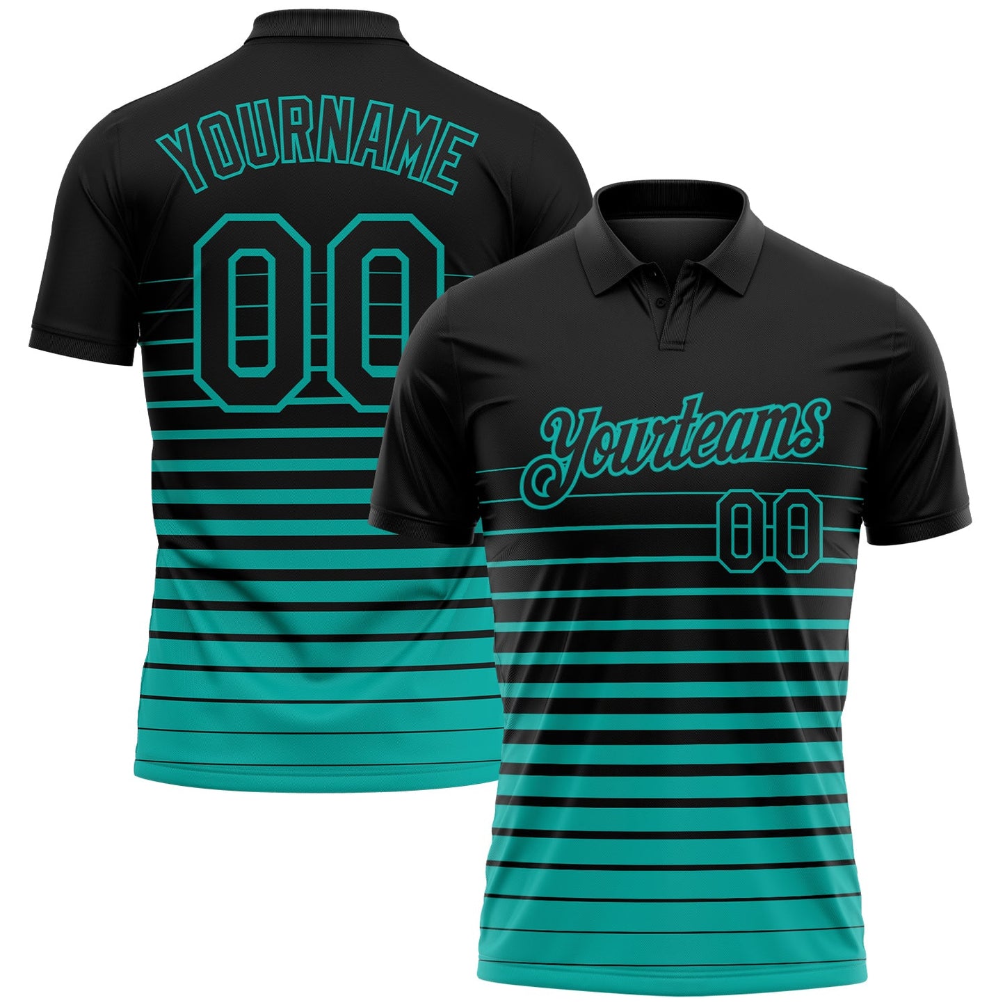 Custom Black-Aqua Horizontal Gradient Stripe Performance Polo Shirt - Main View