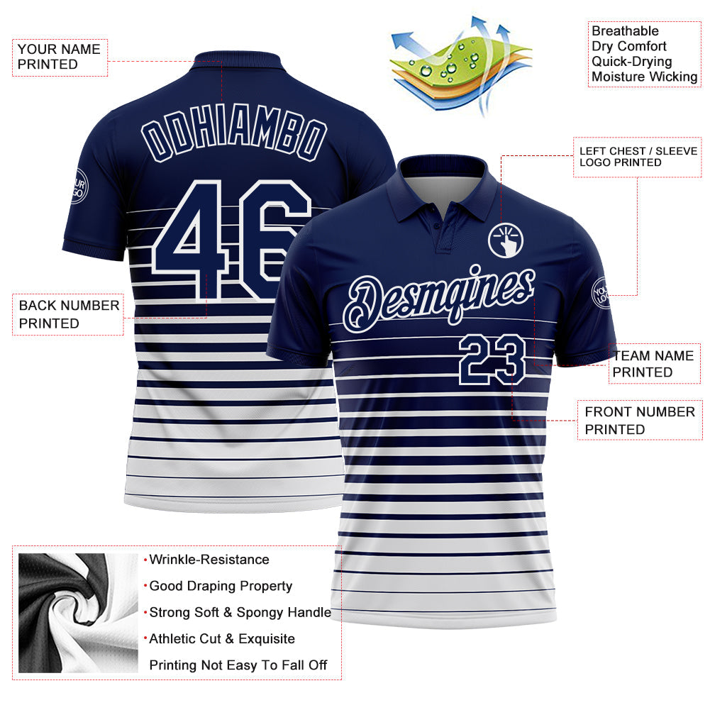Custom Navy-White Horizontal Gradient Stripe Performance Polo Shirt view 3